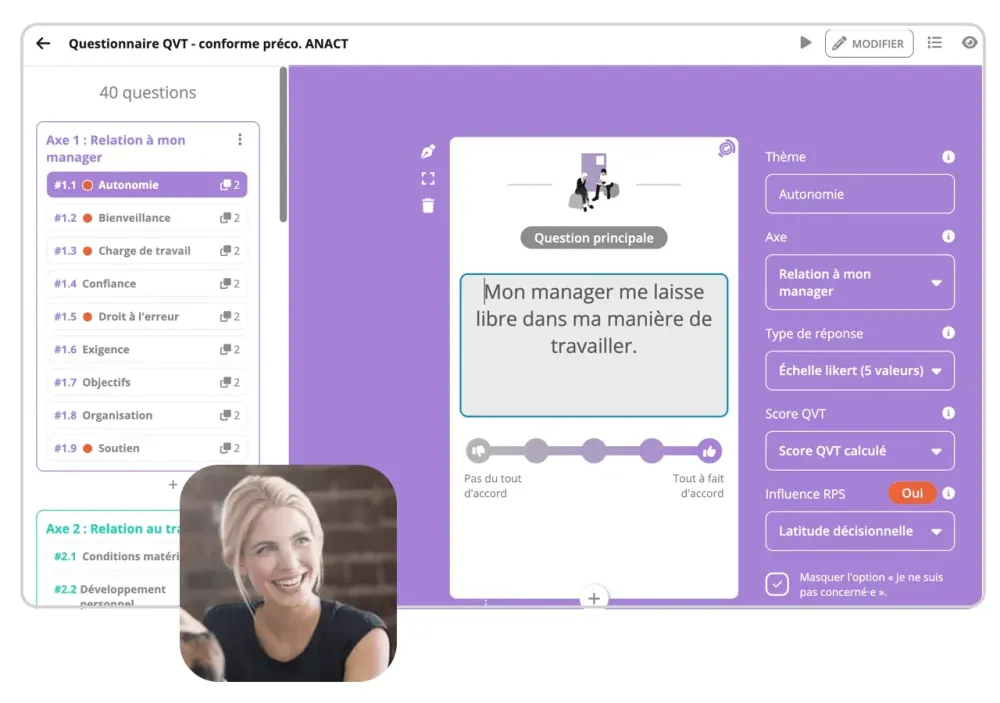 Éditeur de questionnaire QVT conforme aux préconisations de l'ANACT dans la plateforme IDTree, avec une femme souriante