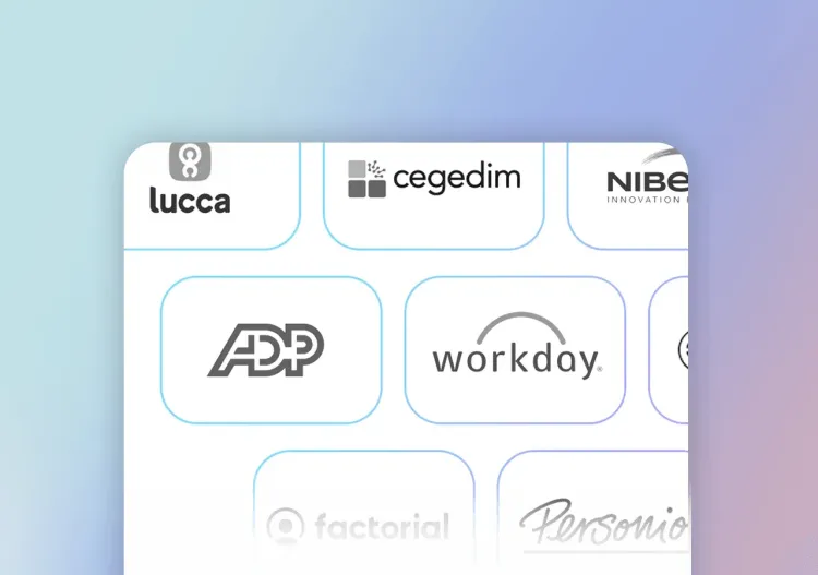 Logos des logiciels RH connectables à IDTree : Lucca, Cegedim, Nibelis, ADP, Workday, Factorial, Personio