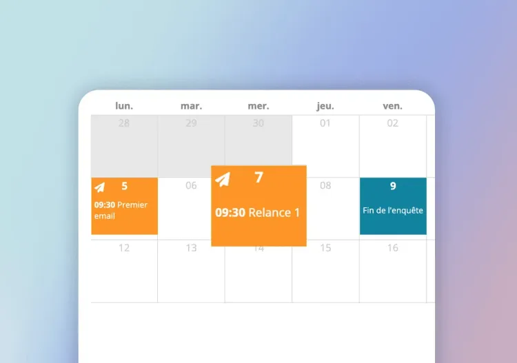 Calendrier des relances automatiques d'une enquête IDTree : premier e-mail, relance et fin de l'enquête